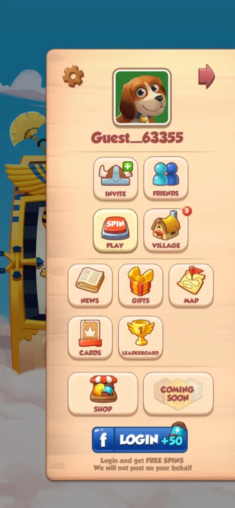 A coin master game image which showing icons settings of game